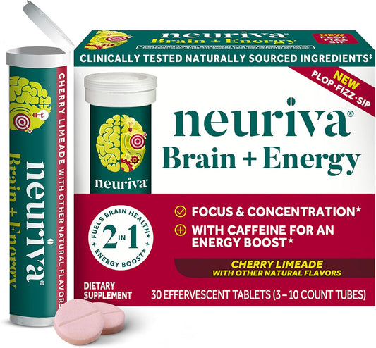 NEURIVA Brain + Energy Supplement with Neurofactor, Vitamin B12, Caffeine for Focus & Energy, 30ct Cherry Limeade Tablets
