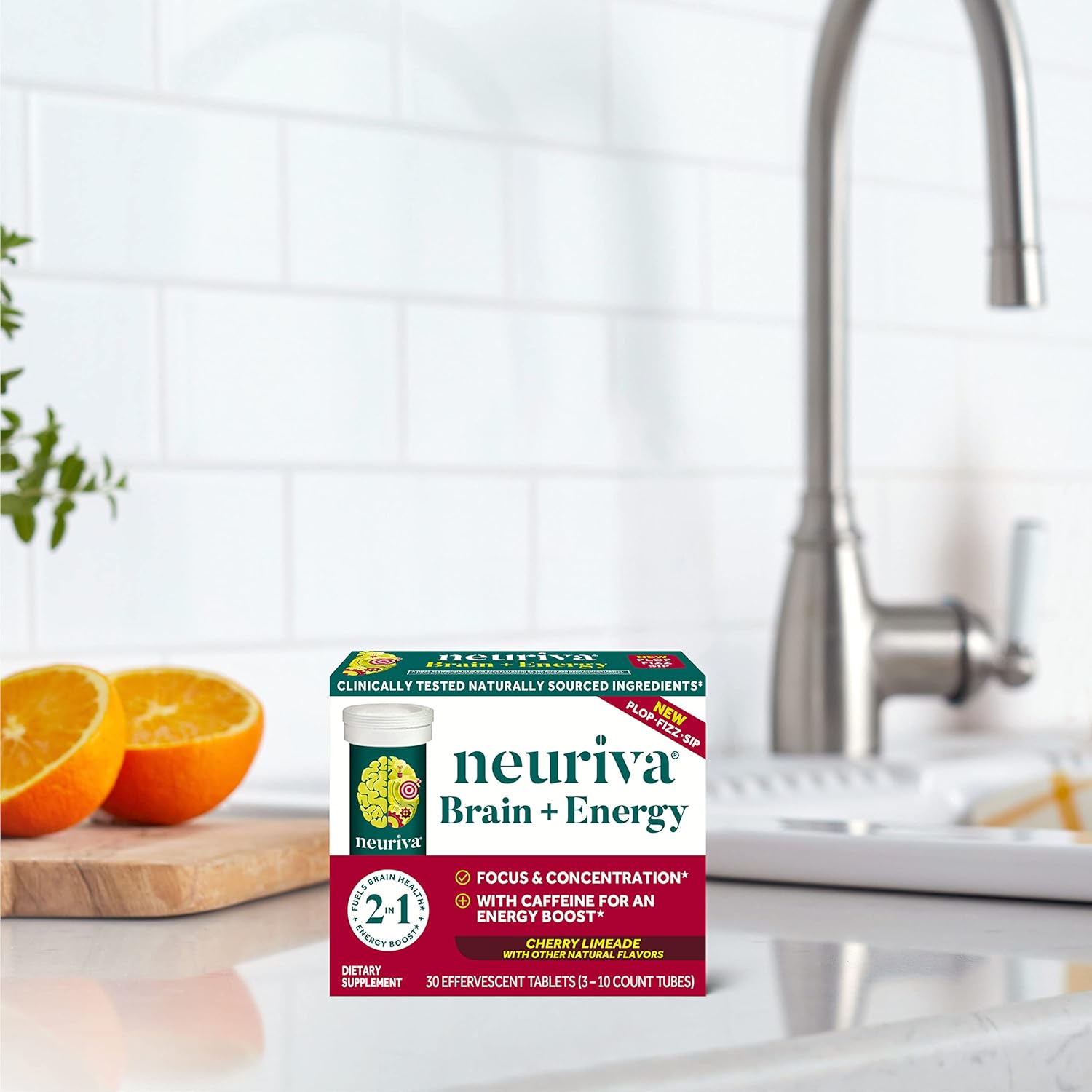 NEURIVA Brain + Energy Supplement with Neurofactor, Vitamin B12, Caffeine for Focus & Energy, 30ct Cherry Limeade Tablets