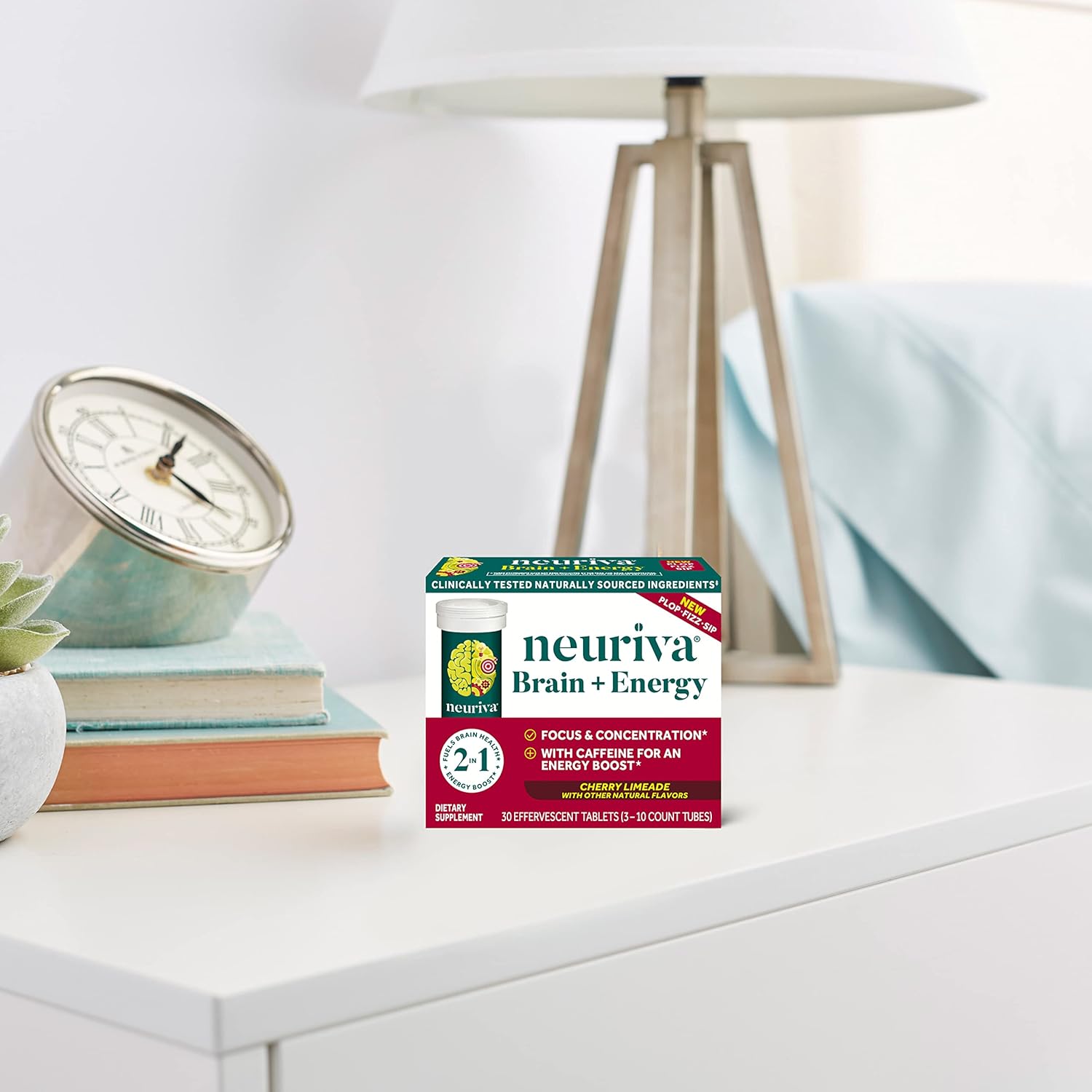 NEURIVA Brain + Energy Supplement with Neurofactor, Vitamin B12, Caffeine for Focus & Energy, 30ct Cherry Limeade Tablets