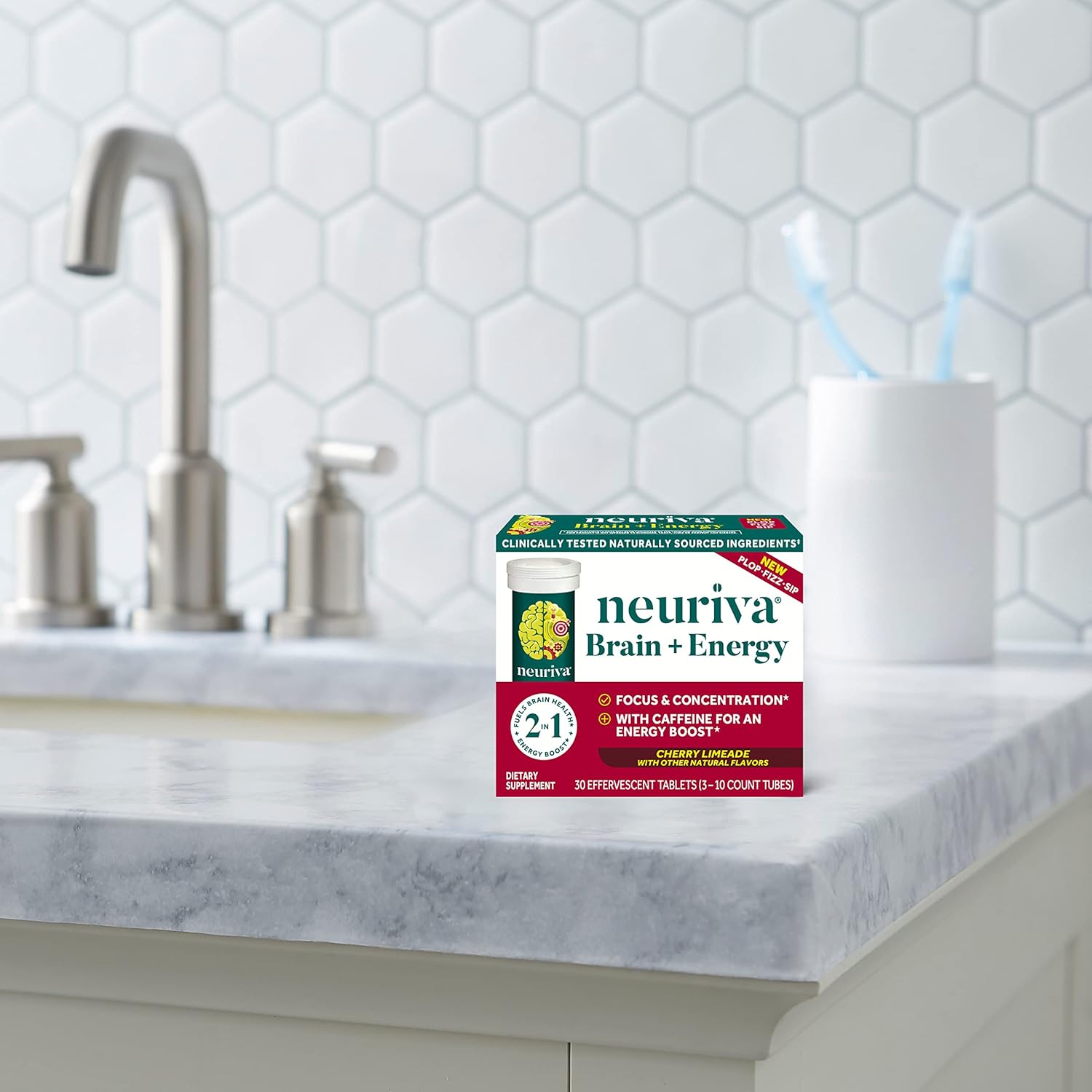 NEURIVA Brain + Energy Supplement with Neurofactor, Vitamin B12, Caffeine for Focus & Energy, 30ct Cherry Limeade Tablets