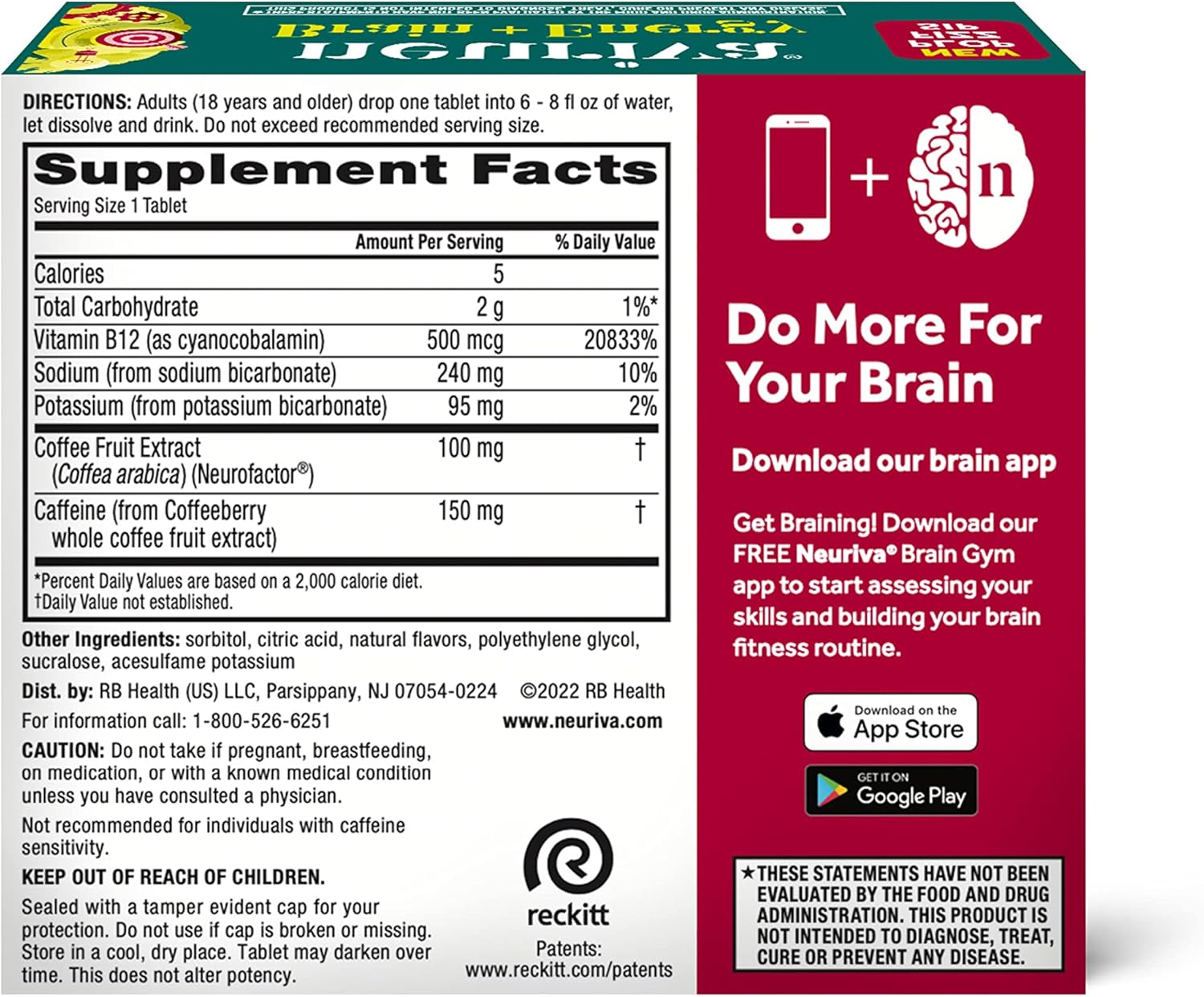 NEURIVA Brain + Energy Supplement with Neurofactor, Vitamin B12, Caffeine for Focus & Energy, 30ct Cherry Limeade Tablets