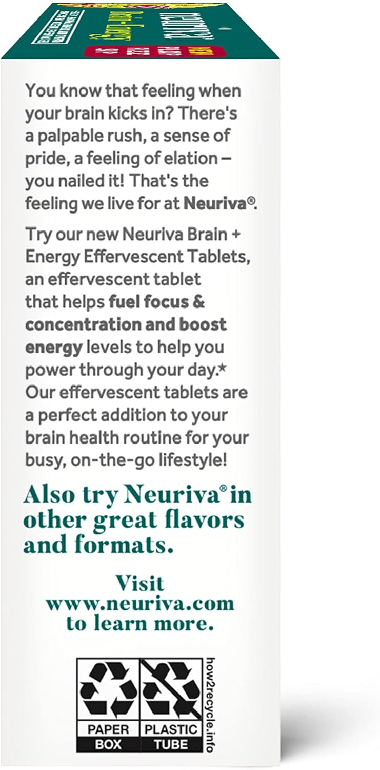 NEURIVA Brain + Energy Supplement with Neurofactor, Vitamin B12, Caffeine for Focus & Energy, 30ct Cherry Limeade Tablets