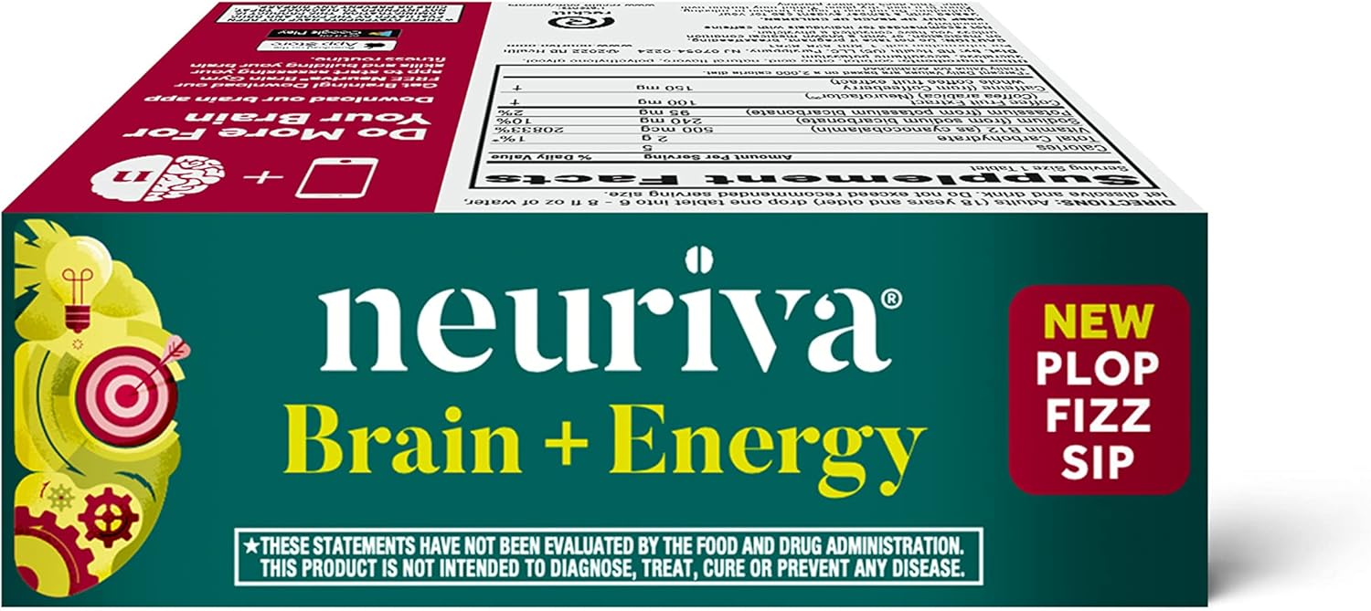 NEURIVA Brain + Energy Supplement with Neurofactor, Vitamin B12, Caffeine for Focus & Energy, 30ct Cherry Limeade Tablets