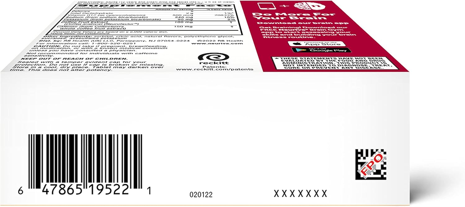 NEURIVA Brain + Energy Supplement with Neurofactor, Vitamin B12, Caffeine for Focus & Energy, 30ct Cherry Limeade Tablets