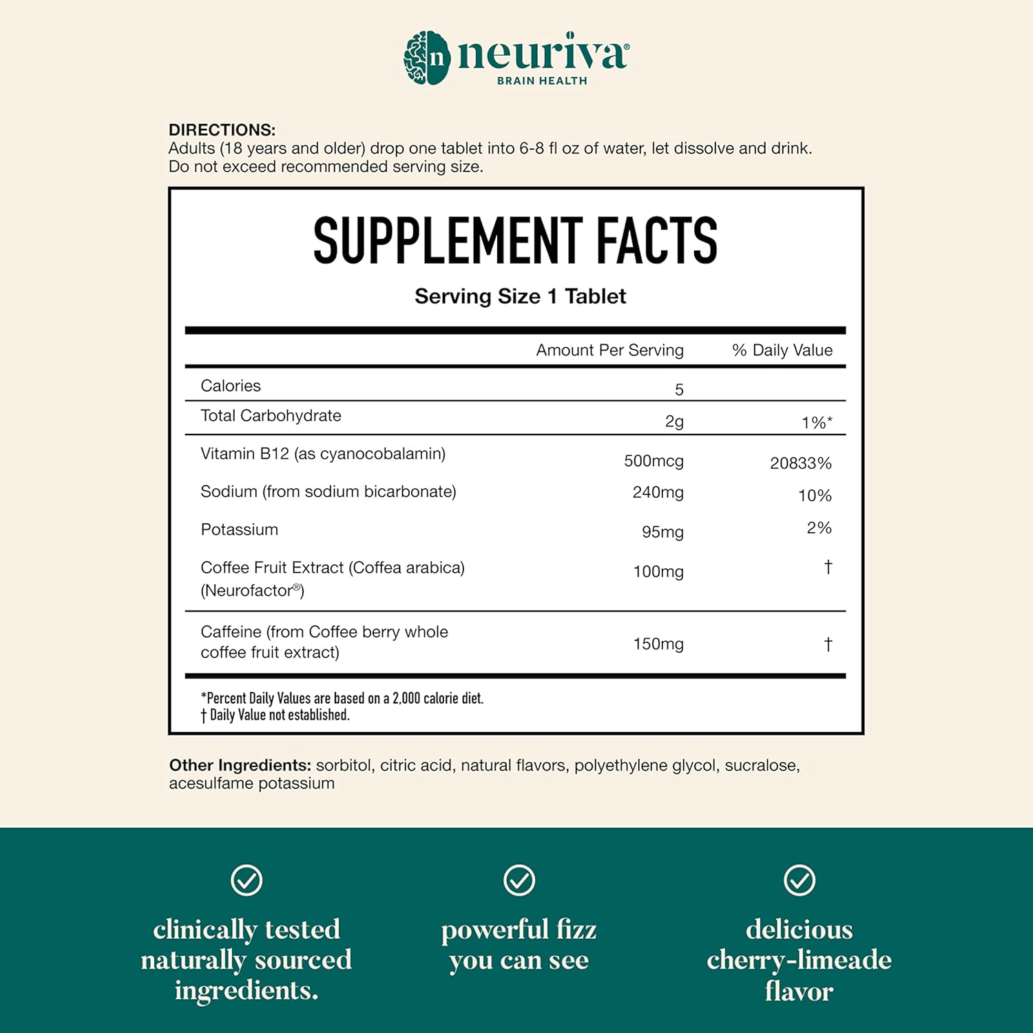 NEURIVA Brain + Energy Supplement with Neurofactor, Vitamin B12, Caffeine for Focus & Energy, 30ct Cherry Limeade Tablets