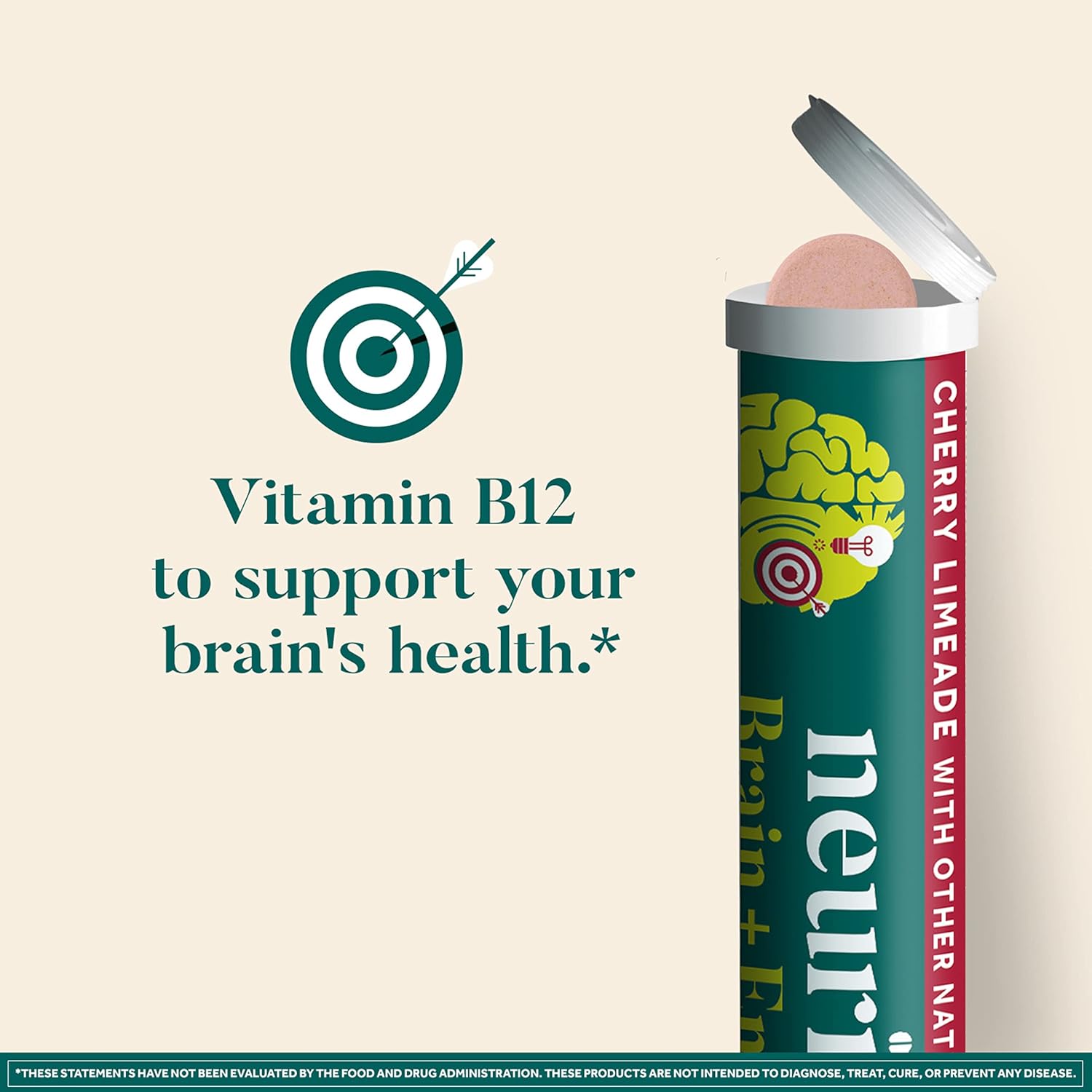 NEURIVA Brain + Energy Supplement with Neurofactor, Vitamin B12, Caffeine for Focus & Energy, 30ct Cherry Limeade Tablets