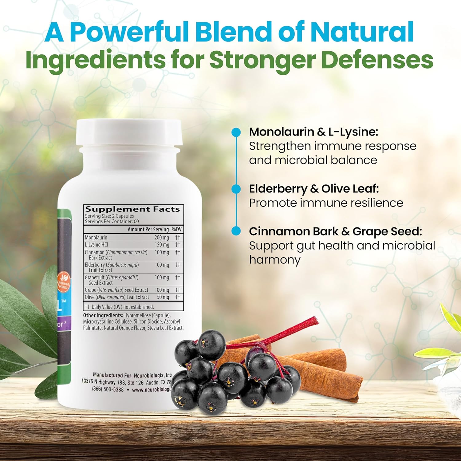 Neuro Biologix Neuro Immune Infection Control with Monolaurin, Lysine, Elderberry, Cinnamon & Olive Leaf - Gut & Immune Support Supplement for Yeast Balance & Digestive Health