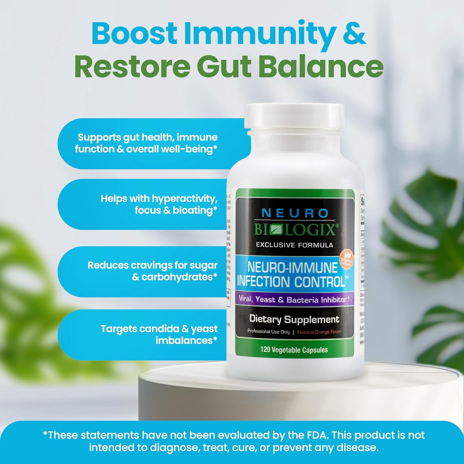 Neuro Biologix Neuro Immune Infection Control with Monolaurin, Lysine, Elderberry, Cinnamon & Olive Leaf - Gut & Immune Support Supplement for Yeast Balance & Digestive Health