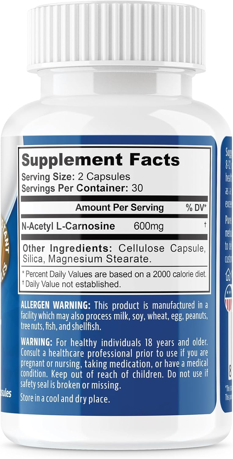 NeuropAWAY Elements N-Acetyl-L-Carnosine 600mg Capsules - 60CT, Acid Resistant, Third Party Tested & CGMP Manufactured