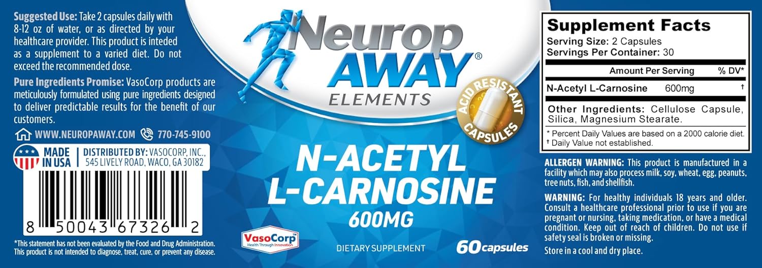NeuropAWAY Elements N-Acetyl-L-Carnosine 600mg Capsules - 60CT, Acid Resistant, Third Party Tested & CGMP Manufactured