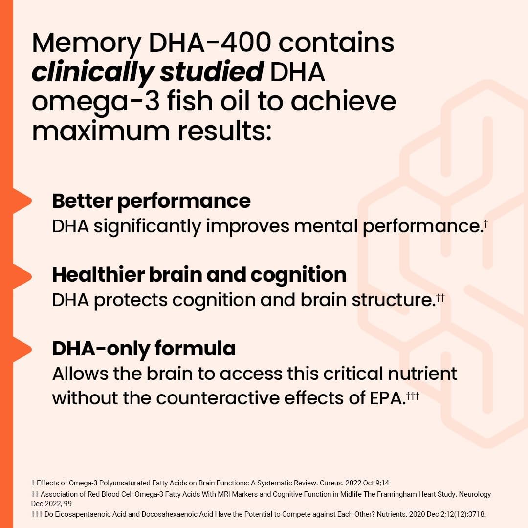 NeuroQ Memory DHA-400 - Omega-3 Fish Oil Supplement for Mental Performance & Brain Health - Supports Memory, Focus & Balance - 120 Softgels