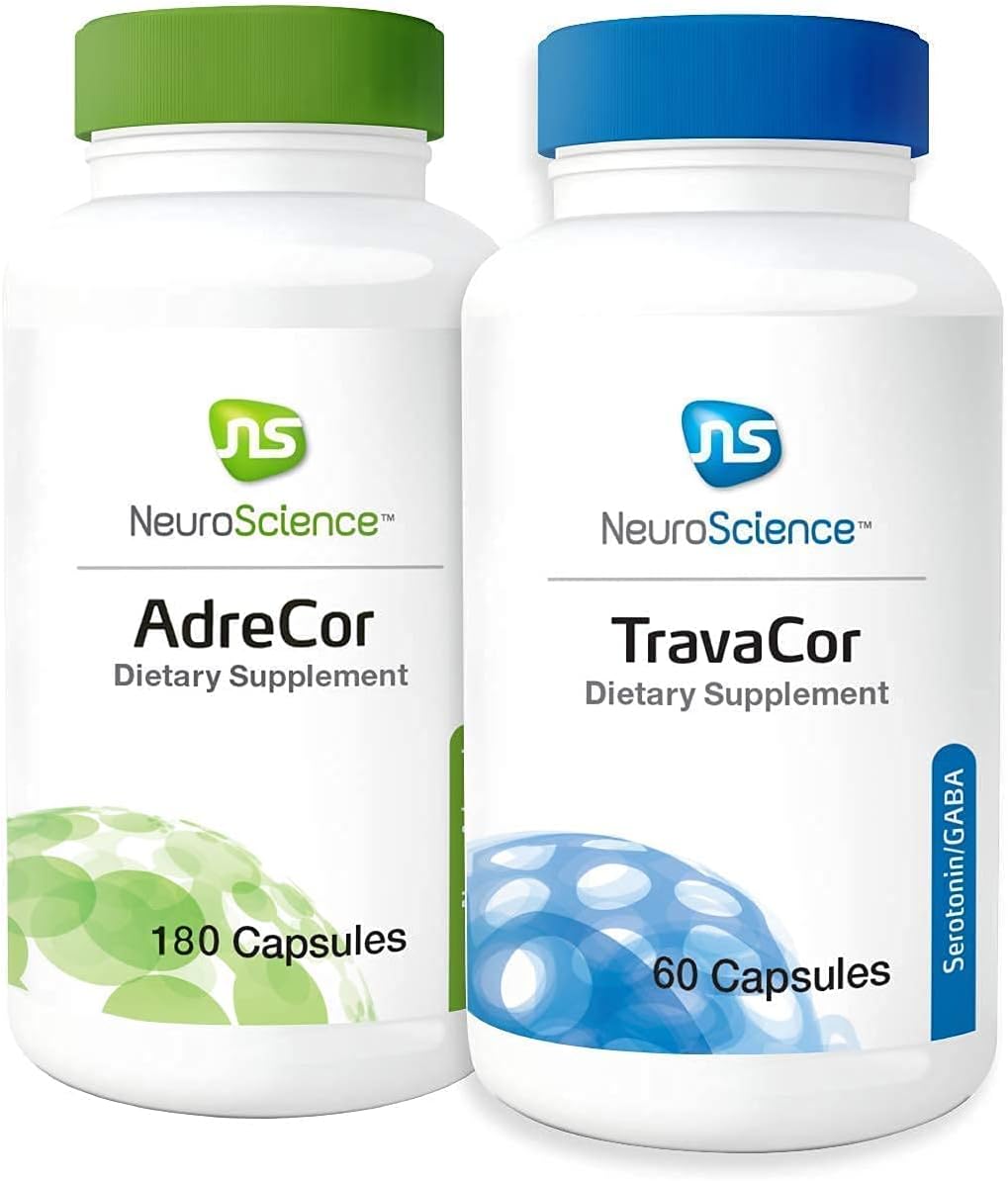 NeuroScience Mood and Adrenal Support Bundle - AdreCor and TravaCor (2 Products, 180 Capsules, 60 Capsules)