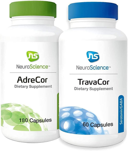 NeuroScience Mood and Adrenal Support Bundle - AdreCor and TravaCor (2 Products, 180 Capsules, 60 Capsules)