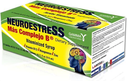 Neurostress Plus B Complex Supplement with Vitamin C, B1, B2, B3, B5, B6, B12, Potassium, Manganese, Iron, Magnesium, Zinc - Central Nervous System Support - 1 Daily Dose Bottle