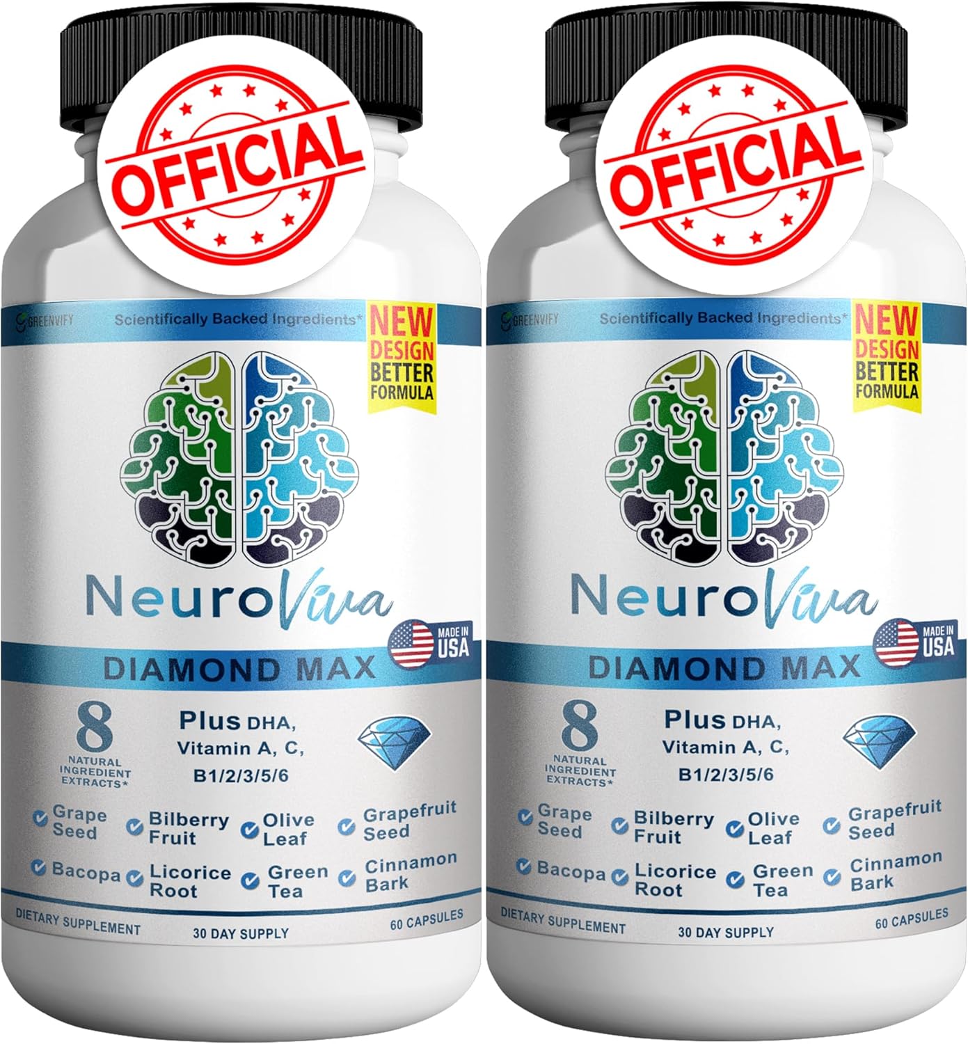 Neuroviva Diamond Max Plus Brain Supplement for Memory and Focus - Cognitive Enhancement Vitamins B6, B12 - 60 Capsules x2