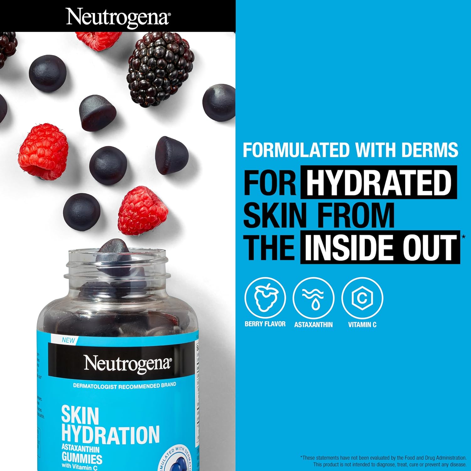 Neutrogena Skin Hydration Gummies with Astaxanthin & Vitamin C - 60 ct - Berry Flavor - Antioxidant Skincare Supplements for Healthy, Smooth Skin