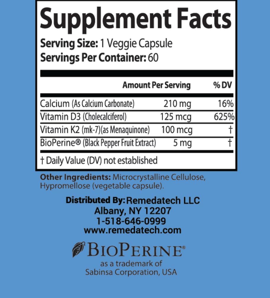 Nevancia Vitamin K2 + D3 with Calcium Capsules - Bone, Joint, Heart, & Immune Support - 60 Count