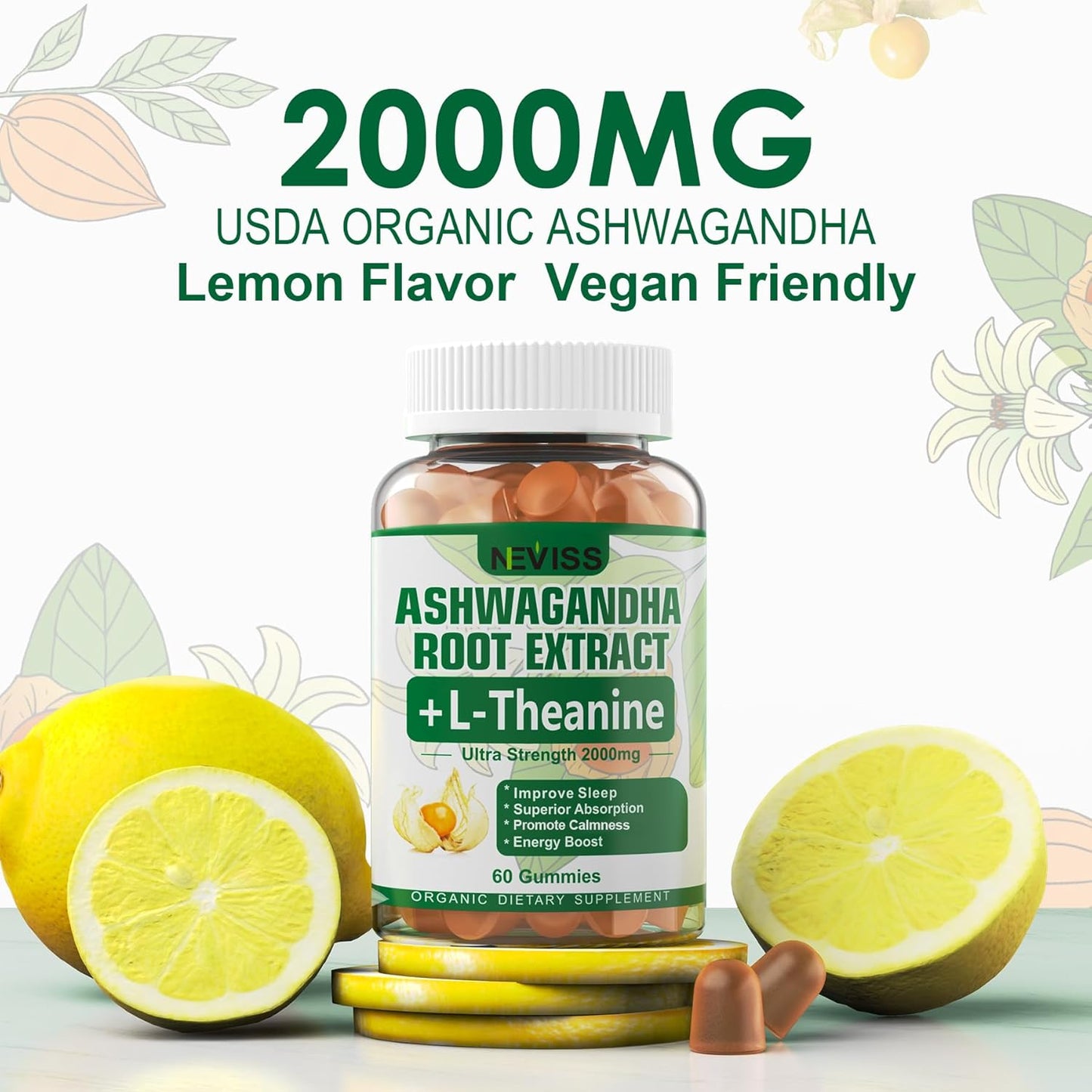 NEVISS Ashwagandha Gummies 2000mg with 5-HTP, L-Theanine, Lemon Balm, Magnesium - Calm, Zzzs, Mood, Energy & Relaxation Support - 60 Count