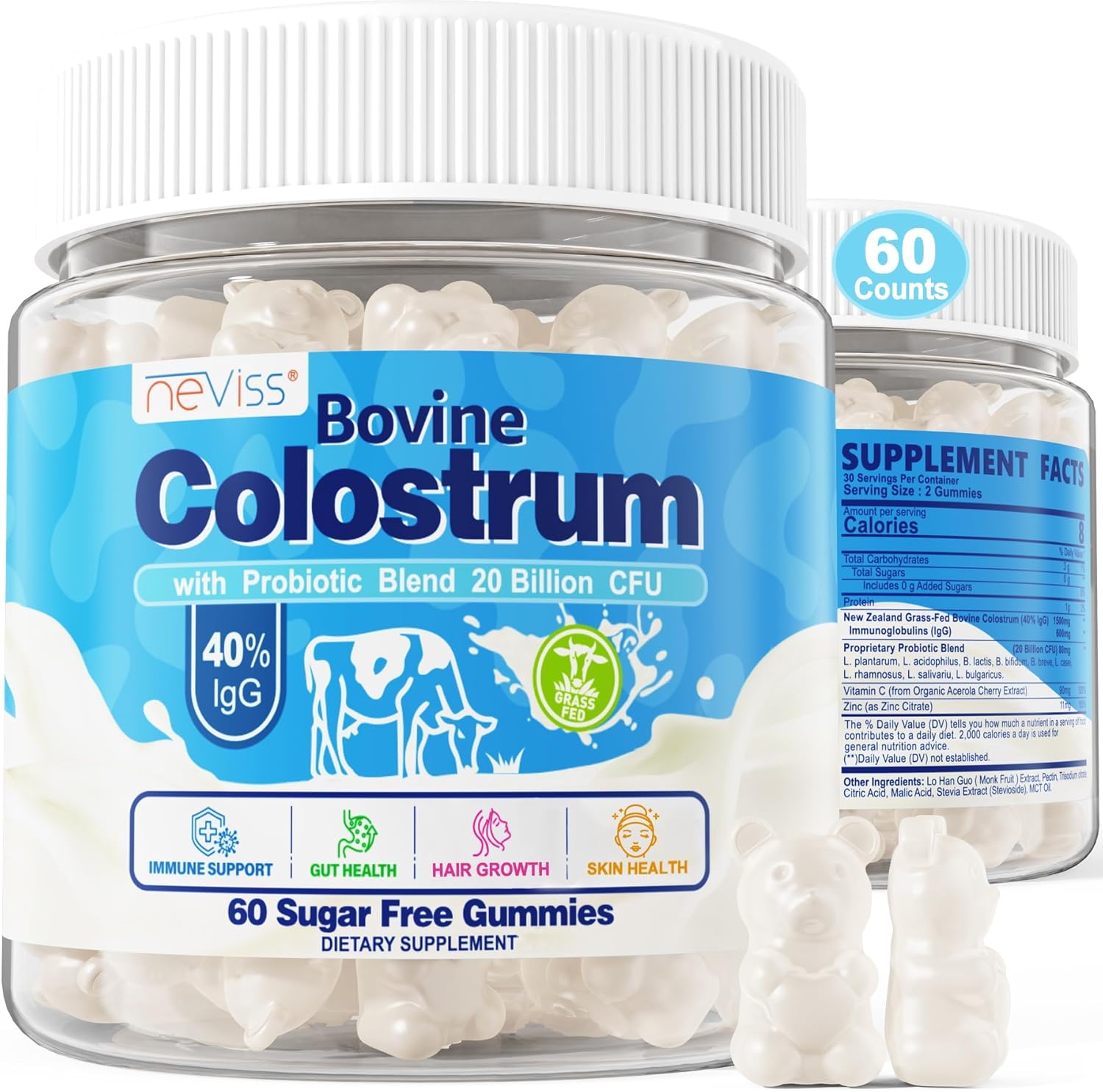 NEVISS Grass Fed Colostrum Gummies 1500mg with Probiotic, Zinc, Vitamin C - Immune & Gut Health Support - 60 Count