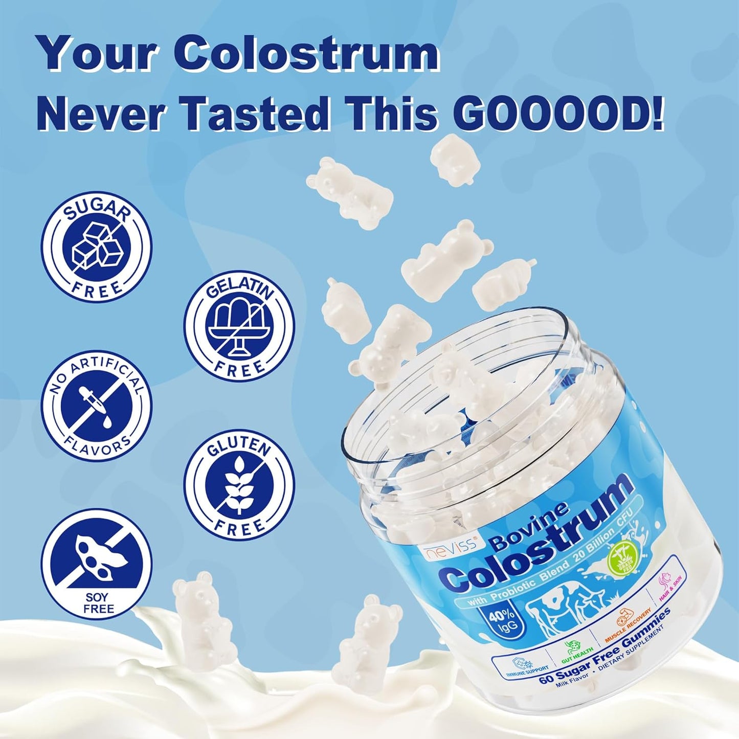 NEVISS Grass Fed Colostrum Gummies 1500mg with Probiotic, Zinc, Vitamin C - Immune & Gut Health Support - 60 Count