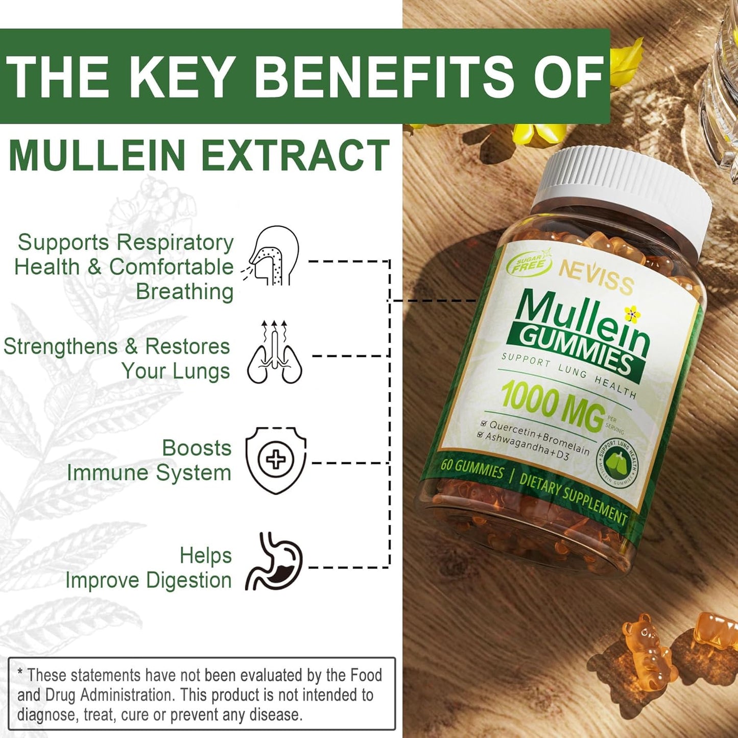 NEVISS Mullein Leaf Extract Gummies 1000mg for Lung Health, Respiratory Support with Quercetin & Bromelain, D3, Vegan - 60 Count