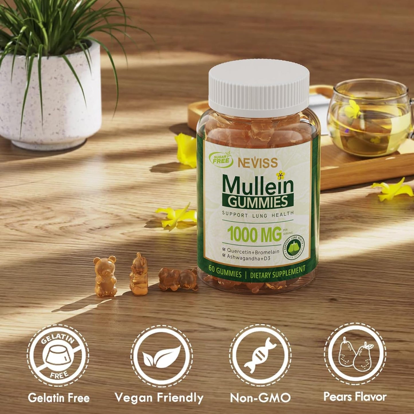 NEVISS Mullein Leaf Extract Gummies 1000mg for Lung Health, Respiratory Support with Quercetin & Bromelain, D3, Vegan - 60 Count