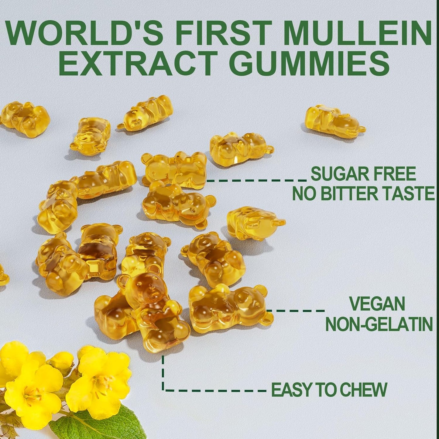 NEVISS Mullein Leaf Extract Gummies 1000mg for Lung Health, Respiratory Support with Quercetin & Bromelain, D3, Vegan - 60 Count