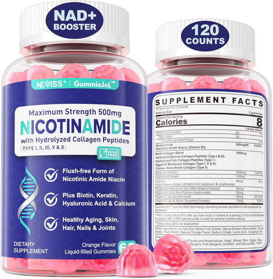 NEVISS Nicotinamide 500mg Gummies: NAD+ Supplement with Collagen Peptides for Healthy Aging, Longevity, and Brain Health - 120 Count