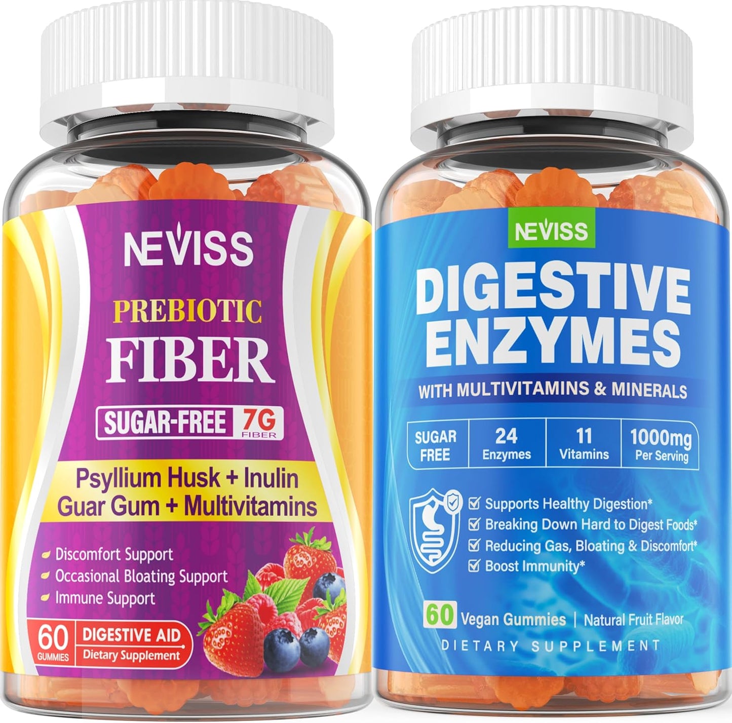 NEVISS Psyllium Husk Fiber Gummies with Prebiotic Blend & Multivitamins - Digestive Enzymes Chewable Supplement