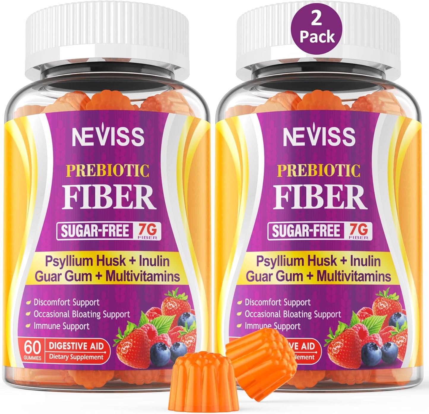 NEVISS Psyllium Husk Fiber Gummies with Prebiotic Blend & Multivitamins - Digestive Enzymes Chewable Supplement