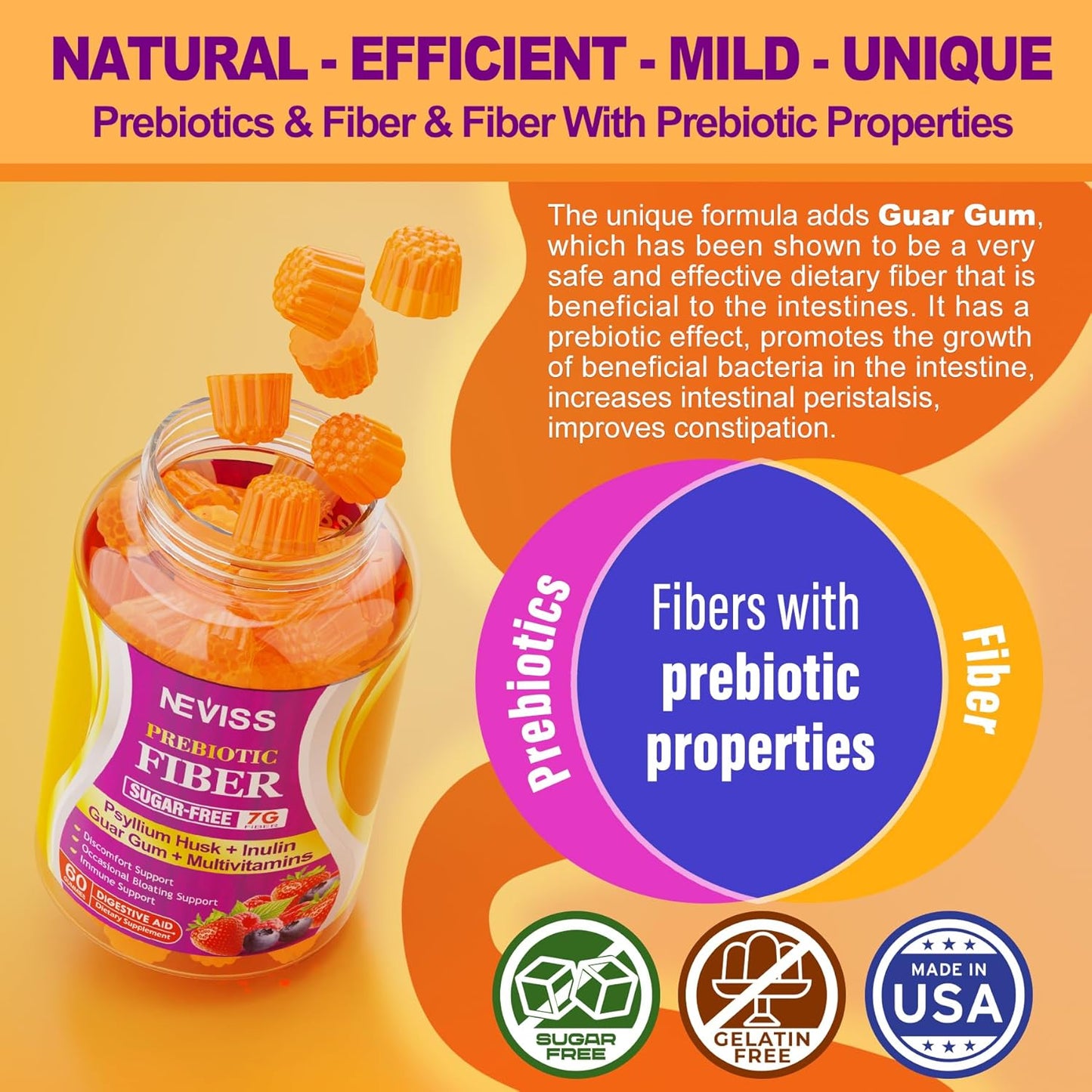 NEVISS Psyllium Husk Fiber Gummies with Prebiotic Blend & Multivitamins - Digestive Enzymes Chewable Supplement