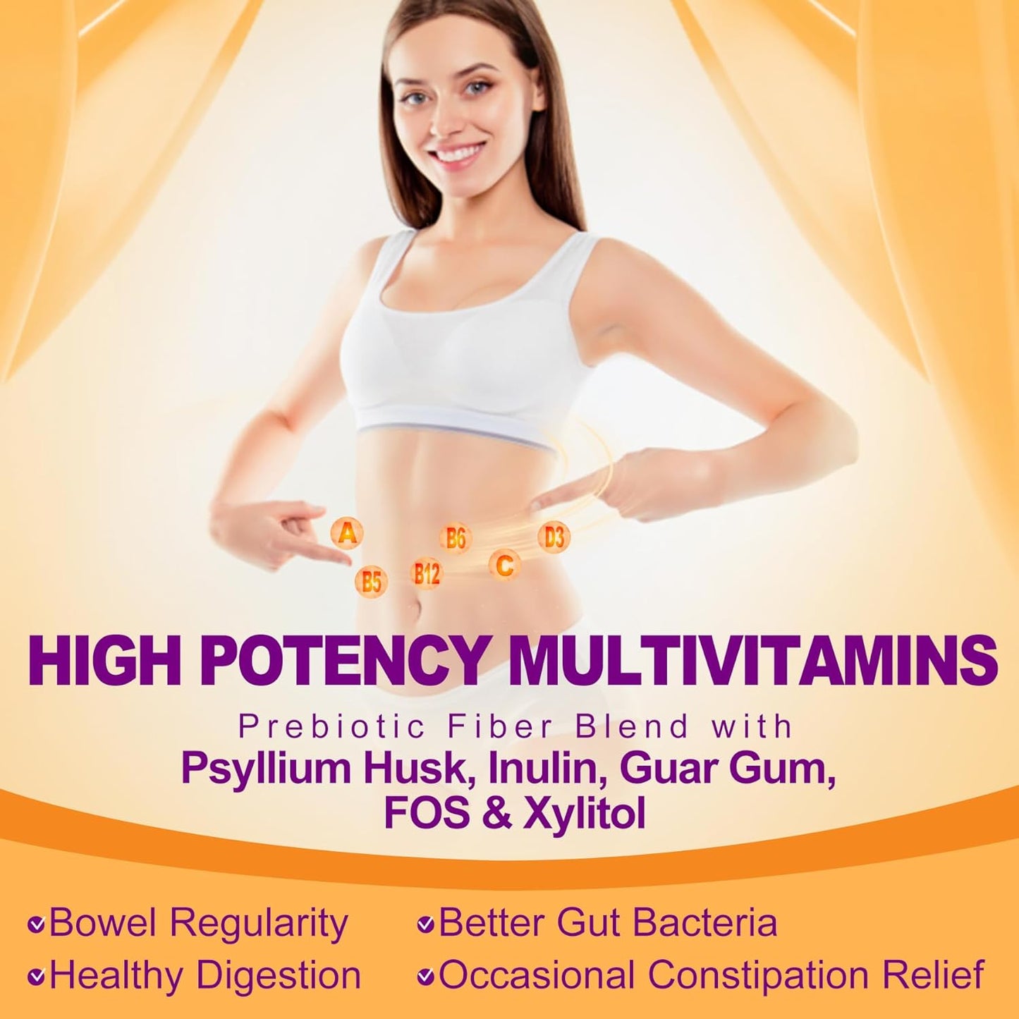 NEVISS Psyllium Husk Fiber Gummies with Prebiotic Blend & Multivitamins - Digestive Enzymes Chewable Supplement