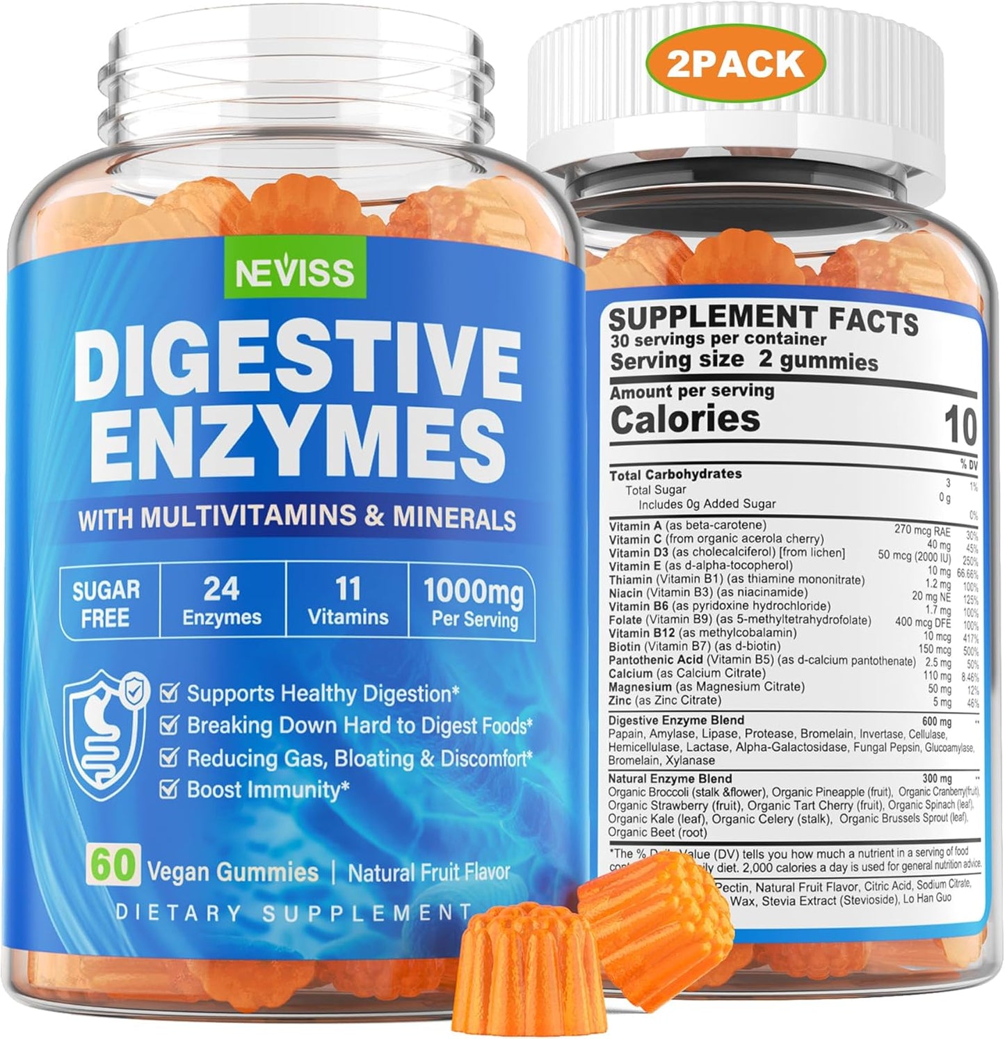 NEVISS Psyllium Husk Fiber Gummies with Prebiotic Blend & Multivitamins - Digestive Enzymes Chewable Supplement