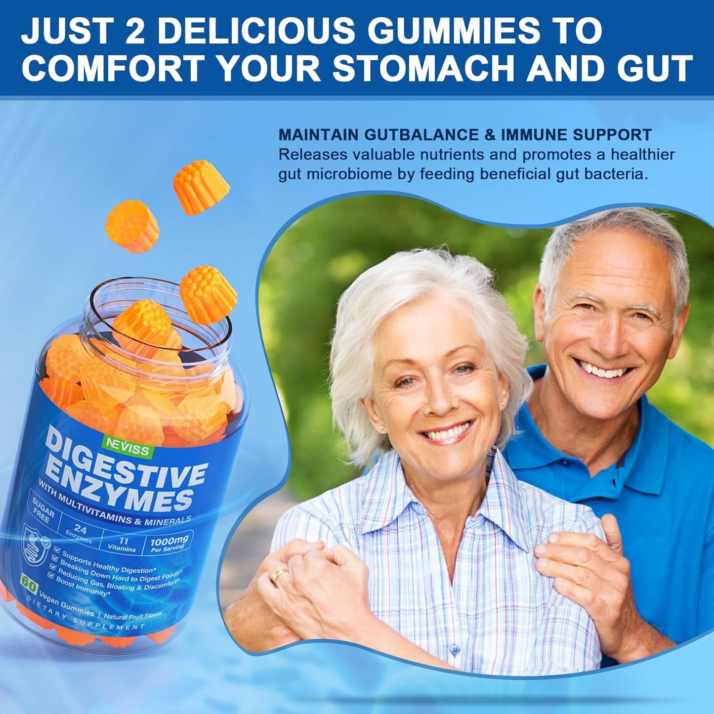 NEVISS Psyllium Husk Fiber Gummies with Prebiotic Blend & Multivitamins - Digestive Enzymes Chewable Supplement