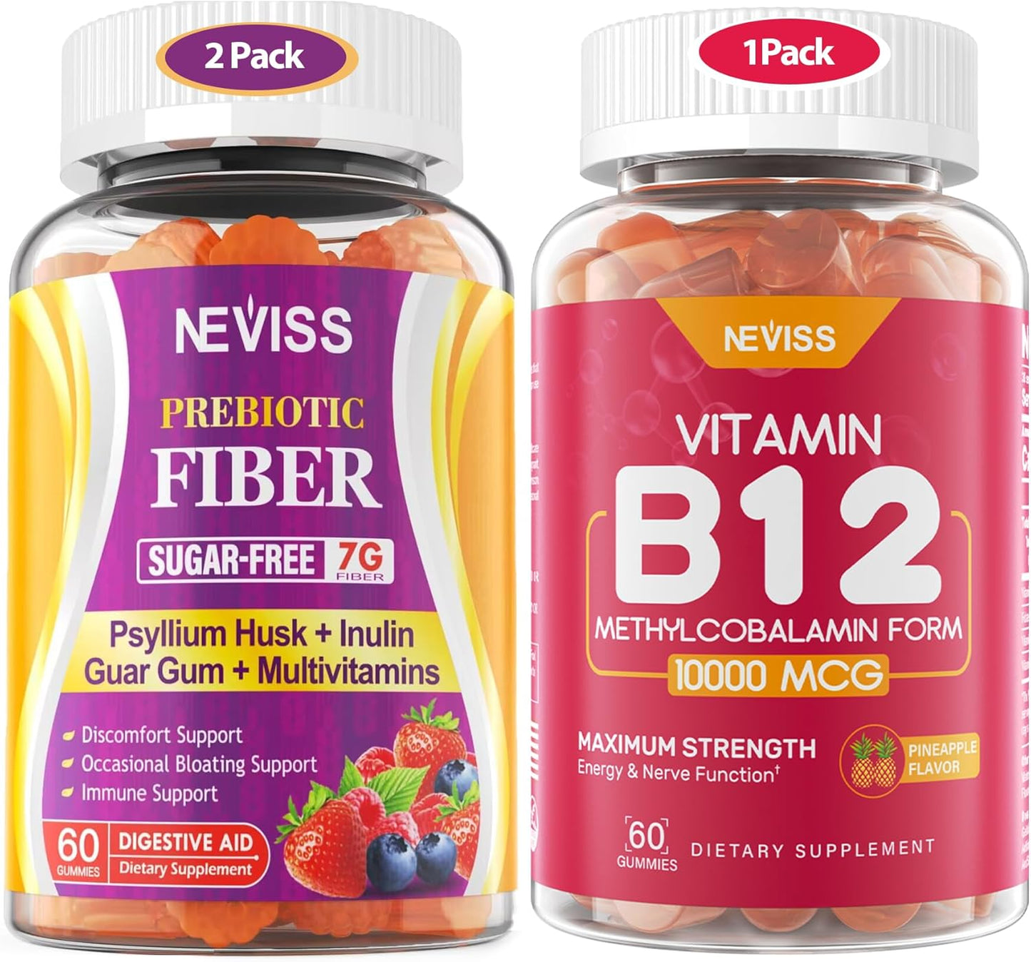 NEVISS Sugar Free Fiber Gummies with Prebiotic Blend, Multivitamins, Vitamin D3, B9, C - 7G Fiber, 2000mg Prebiotic Fiber, B12 10000 mcg