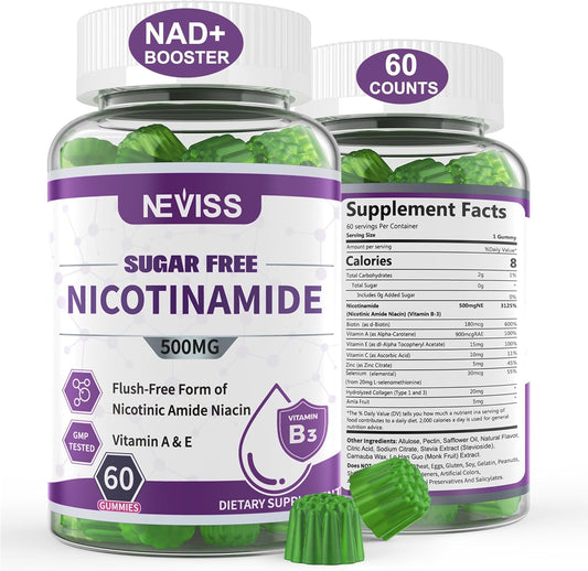 NEVISS Sugar-Free Nicotinamide Gummies 500mg - Niacinamide Supplement for Cell Regeneration, NAD+ Boost, Healthy Aging, Energy & DNA Repair - 60 Count