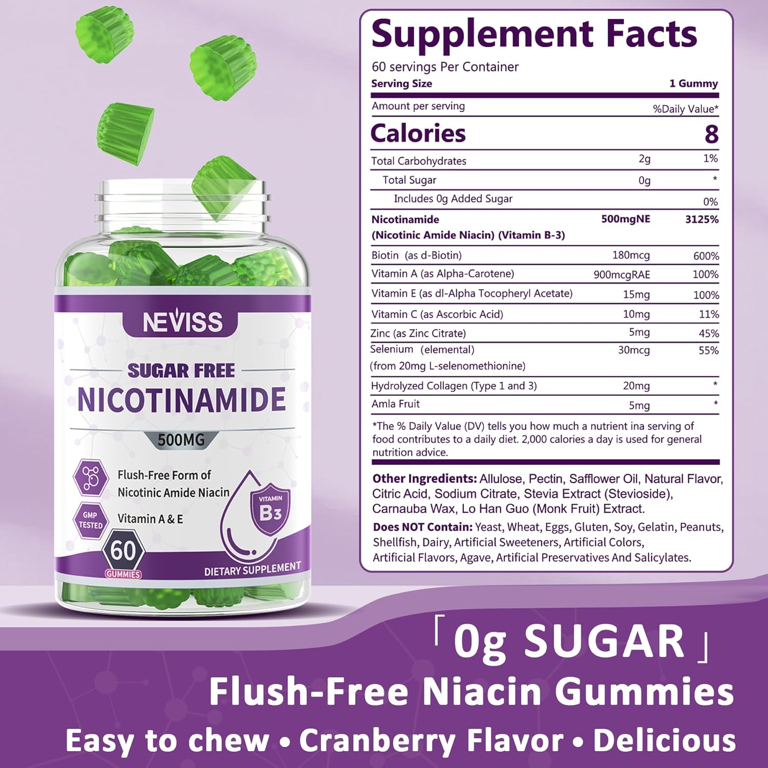 NEVISS Sugar-Free Nicotinamide Gummies 500mg - Niacinamide Supplement for Cell Regeneration, NAD+ Boost, Healthy Aging, Energy & DNA Repair - 60 Count