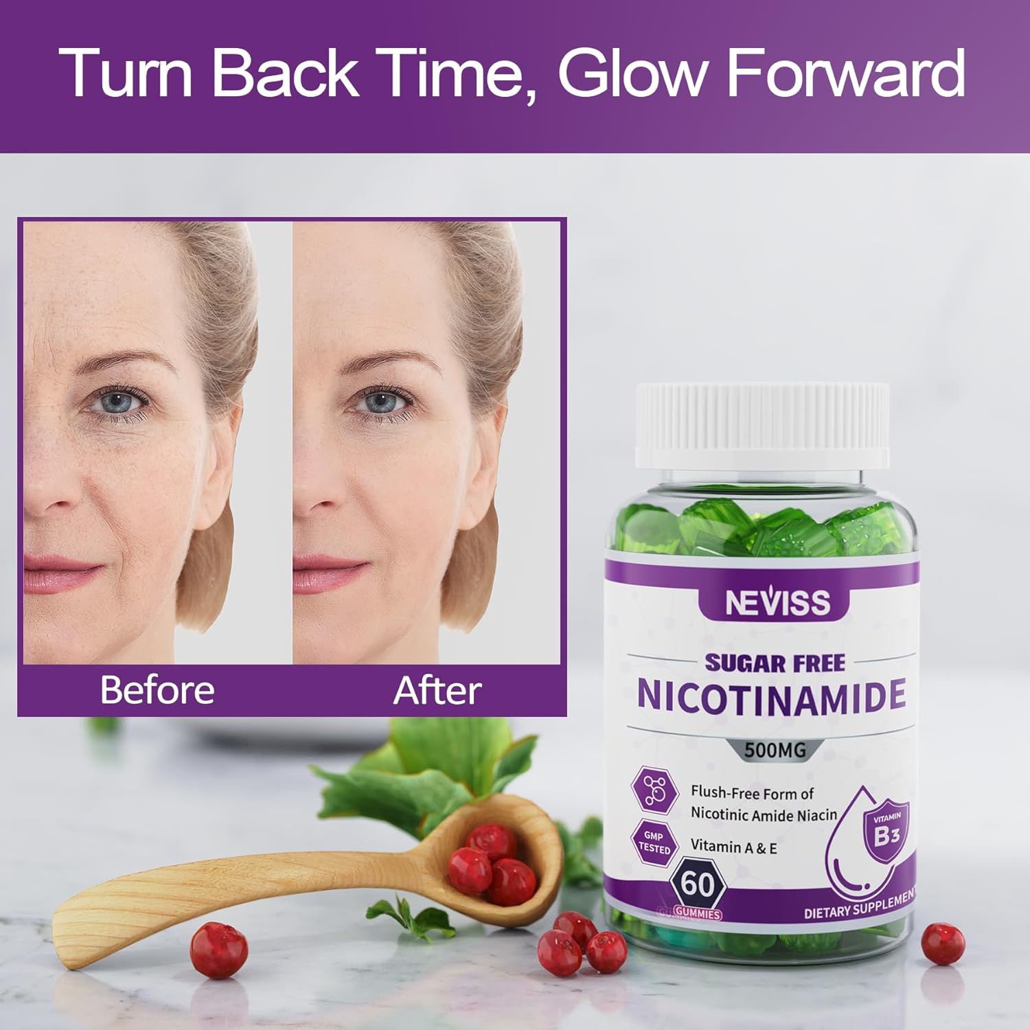 NEVISS Sugar-Free Nicotinamide Gummies 500mg - Niacinamide Supplement for Cell Regeneration, NAD+ Boost, Healthy Aging, Energy & DNA Repair - 60 Count