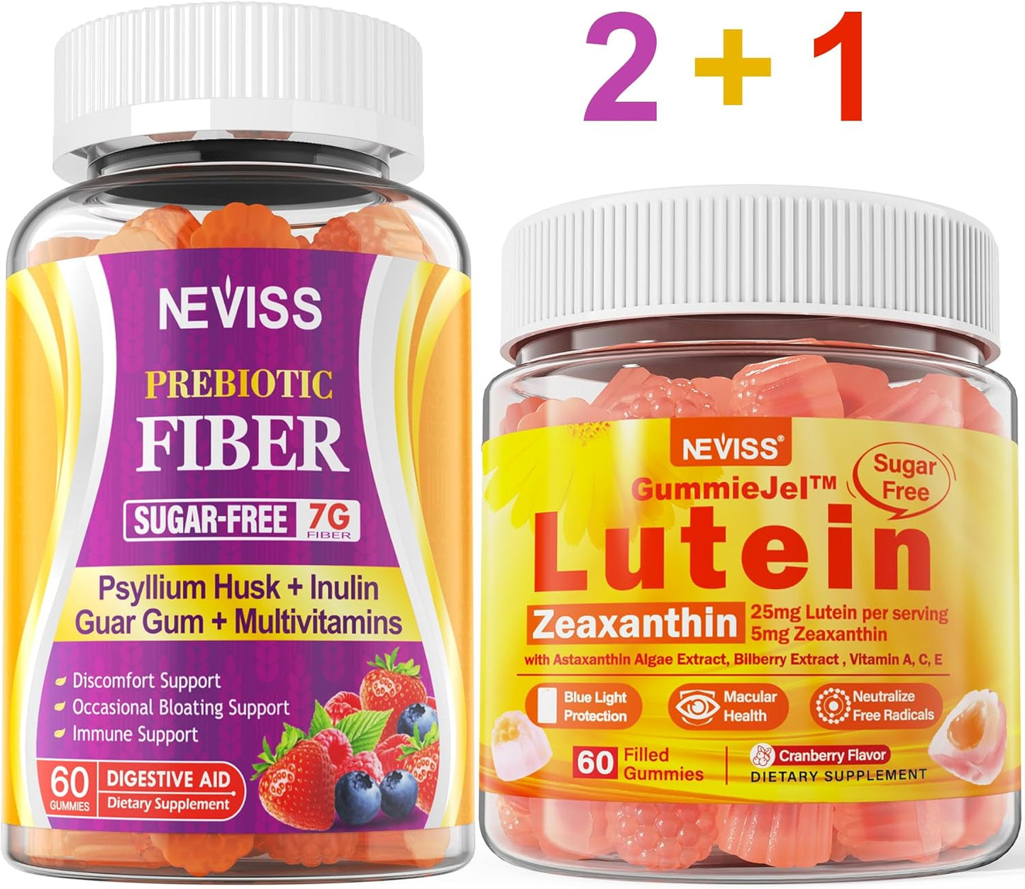 NEVISS Sugar Free Prebiotic Fiber Gummies with Lutein - 180 Count Pack