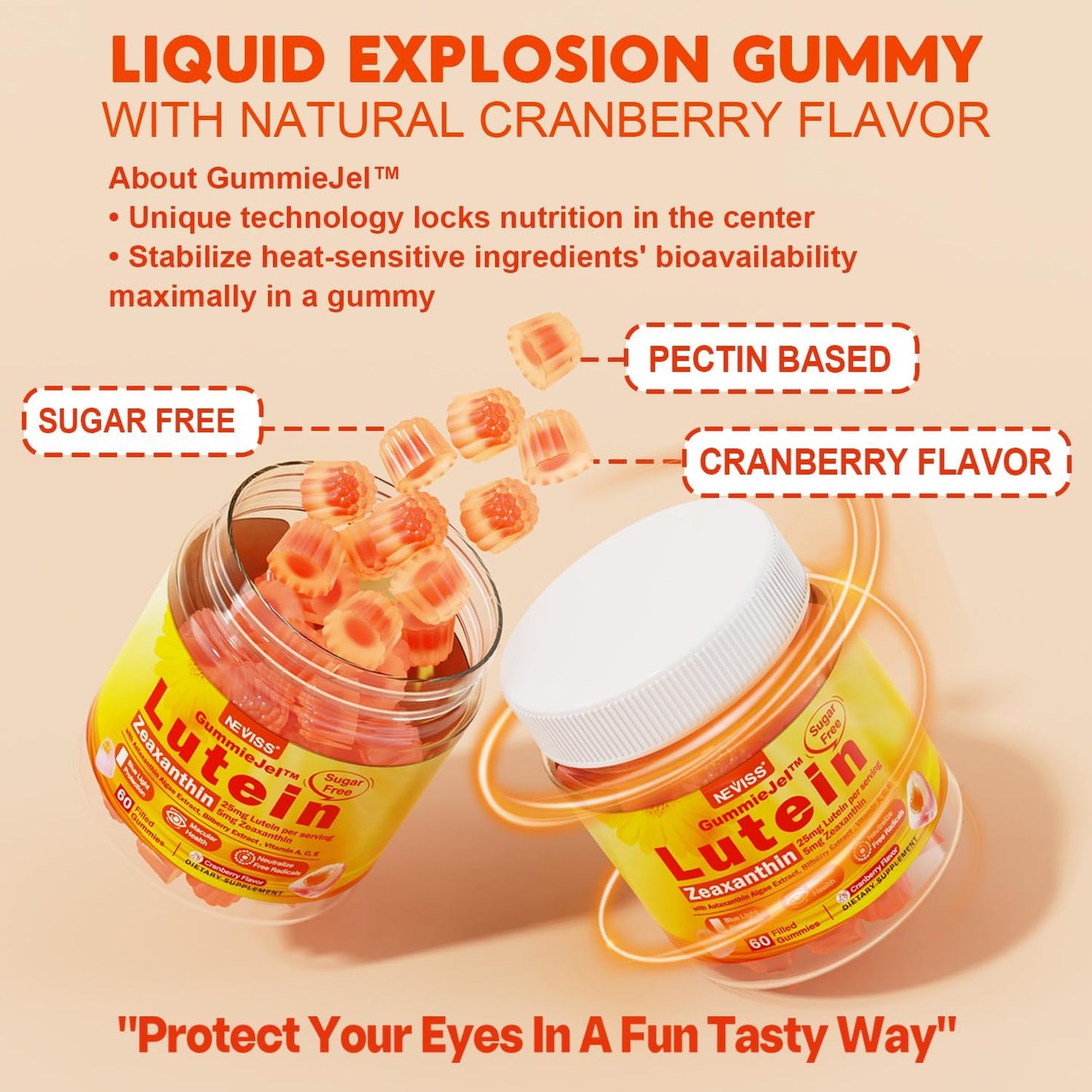 NEVISS Sugar Free Prebiotic Fiber Gummies with Lutein - 180 Count Pack