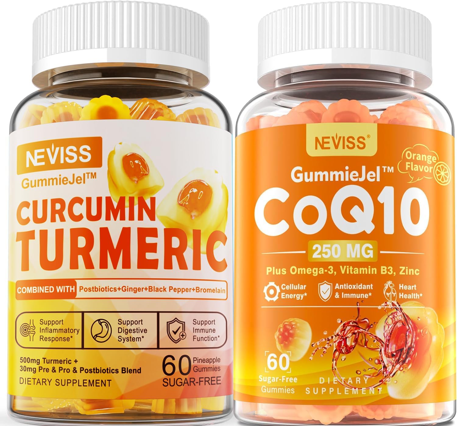 NEVISS Sugar Free Turmeric Curcumin & CoQ10 Gummies 550mg & 250mg for Immune, Digestive, Energy, Antioxidant Support