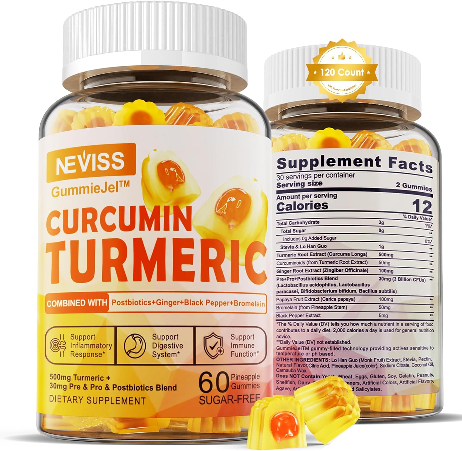 NEVISS Sugar-Free Turmeric Curcumin Gummies 550mg - Adult Formula