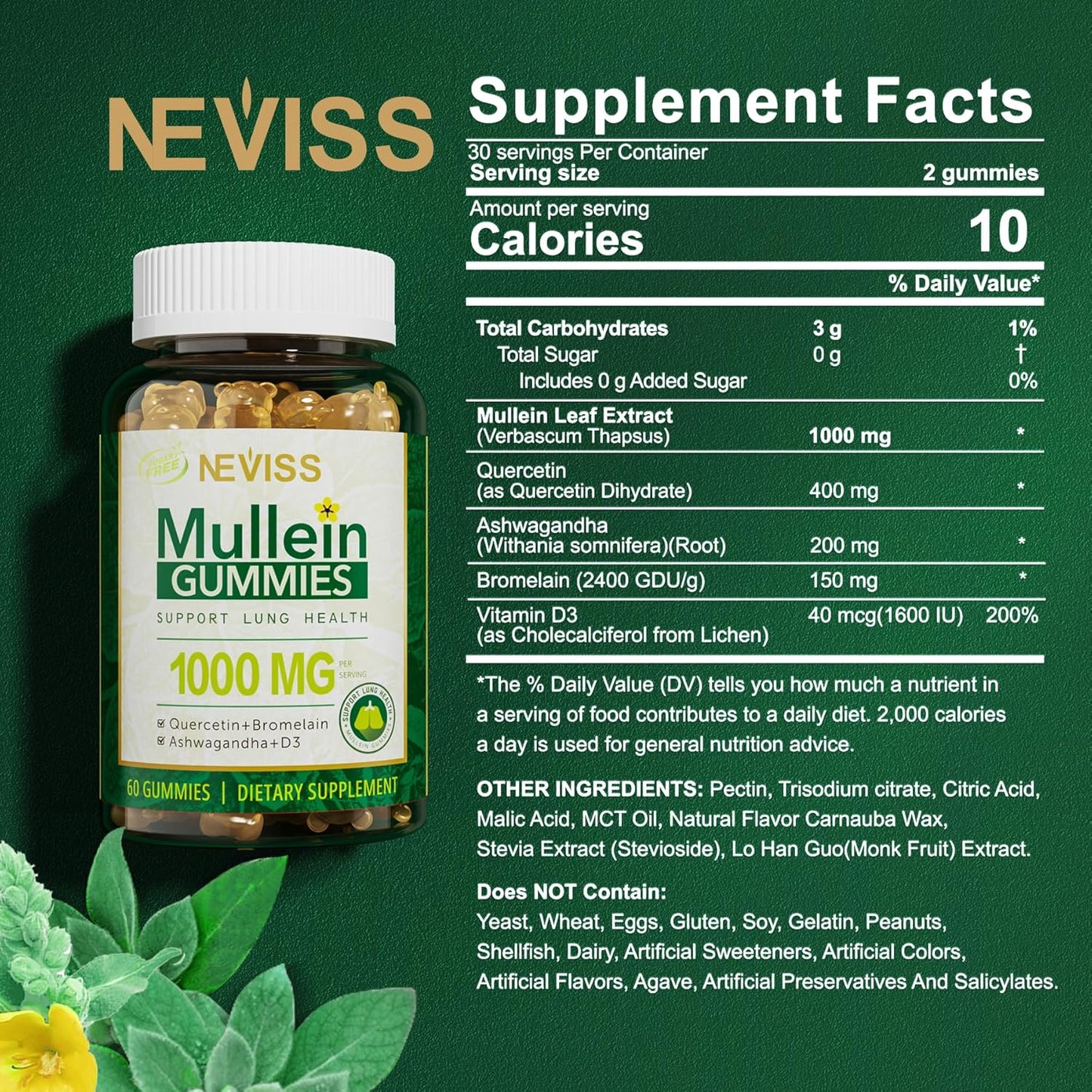 NEVISS Vegan Iron Gummies with 12.5mg Carbonyl Iron - Sugar Free Mullein Supplement