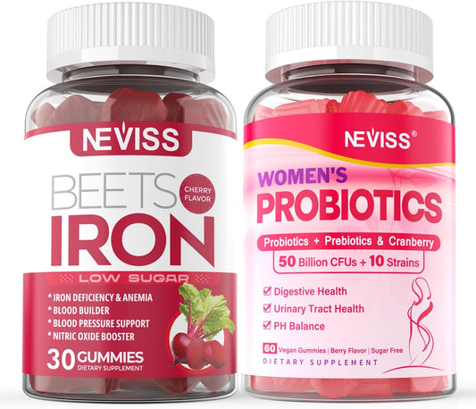 NEVISS Vegan Iron Gummies with Probiotics for Women, Gentle Iron Supplement