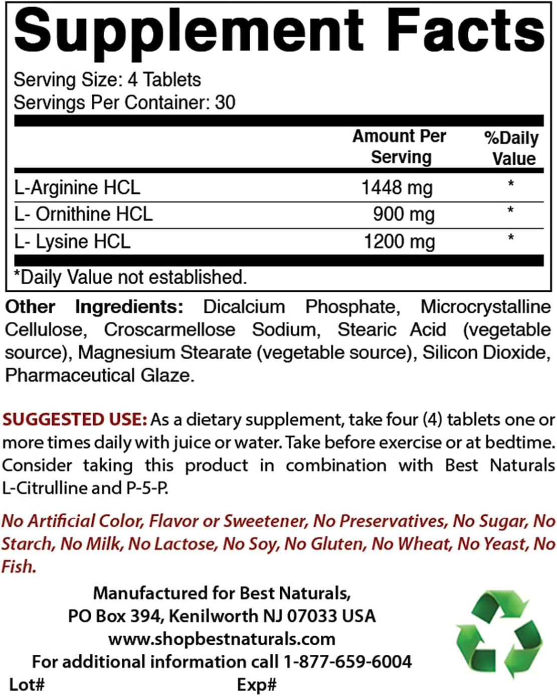 New and Improved Best Naturals Tri-Amino Supplement with L-Arginine, L-Ornithine, and L-Lysine - 120 Tablets