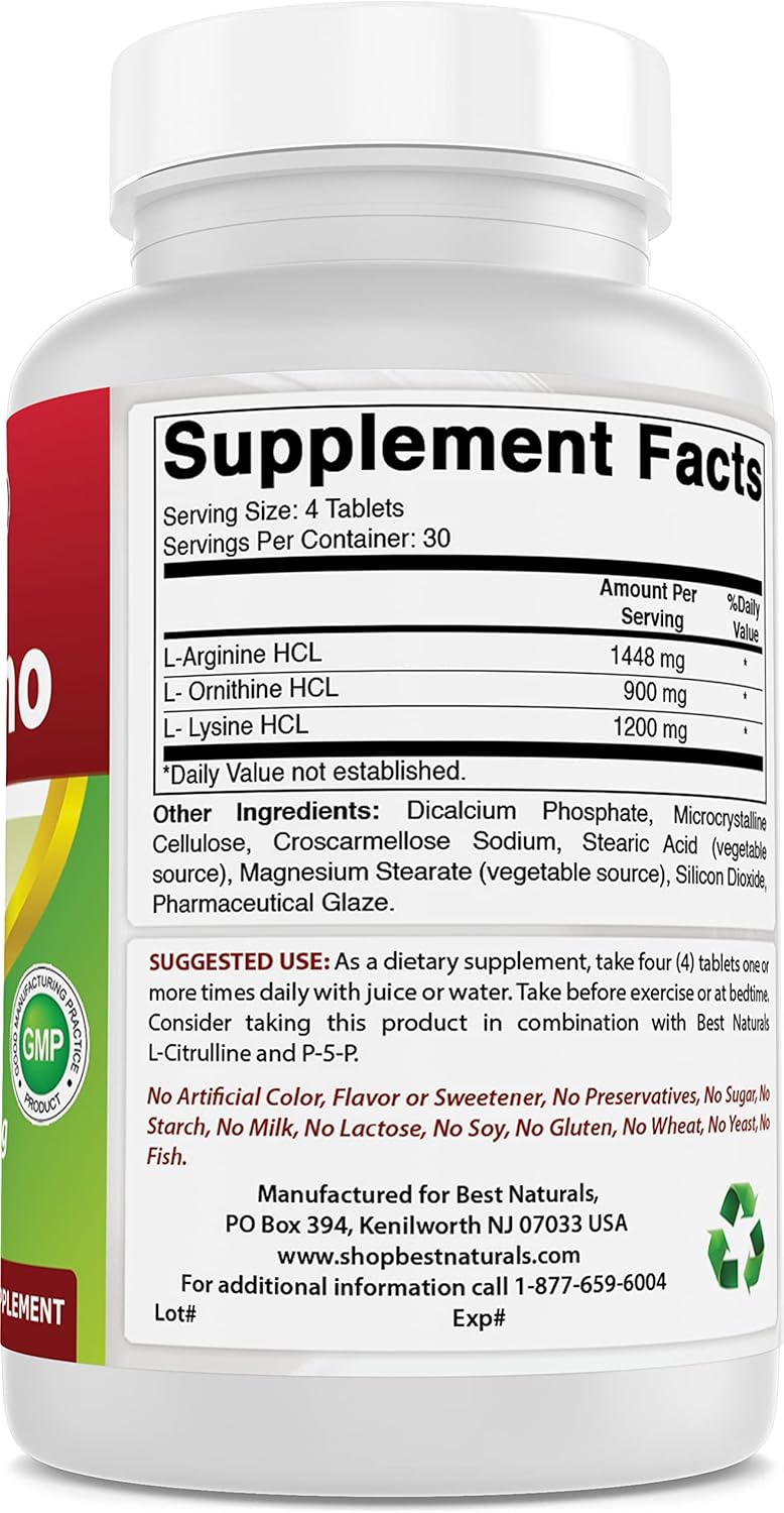 New and Improved Best Naturals Tri-Amino Supplement with L-Arginine, L-Ornithine, and L-Lysine - 120 Tablets