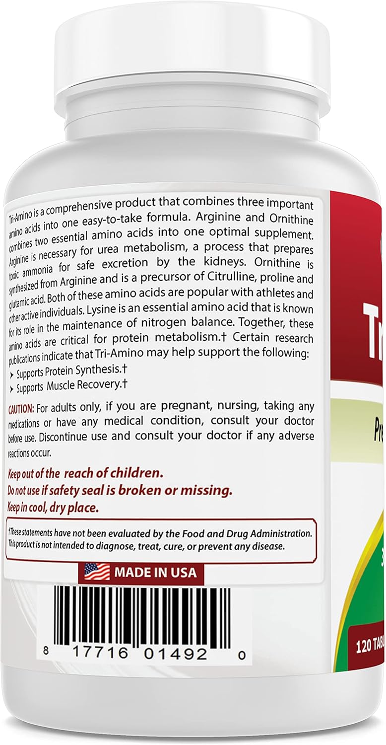 New and Improved Best Naturals Tri-Amino Supplement with L-Arginine, L-Ornithine, and L-Lysine - 120 Tablets