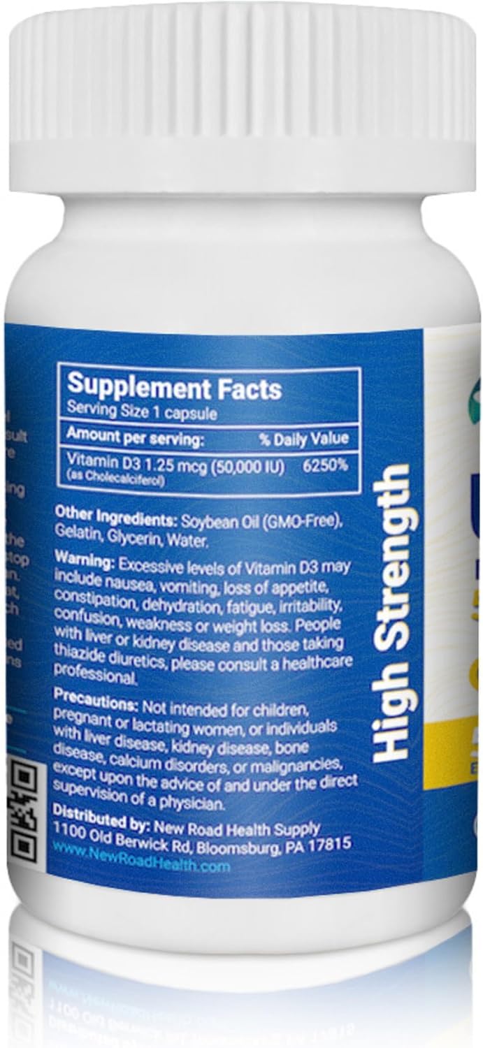 New Road Health Supply Ultra-D3 Softgel Supplement - 50000 IU Vitamin D, Weekly Dose for Bone and Immune Support, Gluten Free - 50 Count - BoostGo Australia
