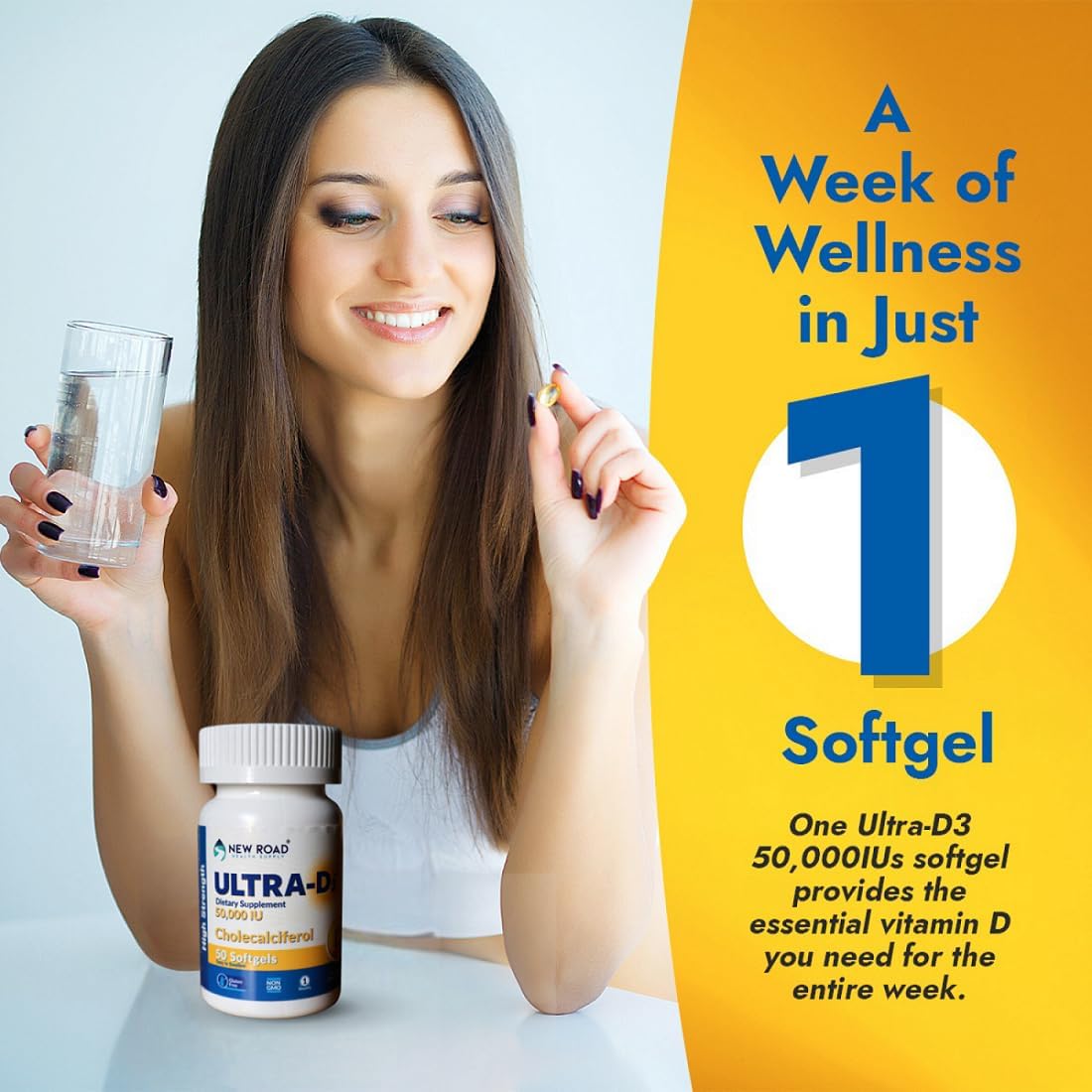 New Road Health Supply Ultra-D3 Softgel Supplement - 50000 IU Vitamin D, Weekly Dose for Bone and Immune Support, Gluten Free - 50 Count - BoostGo Australia