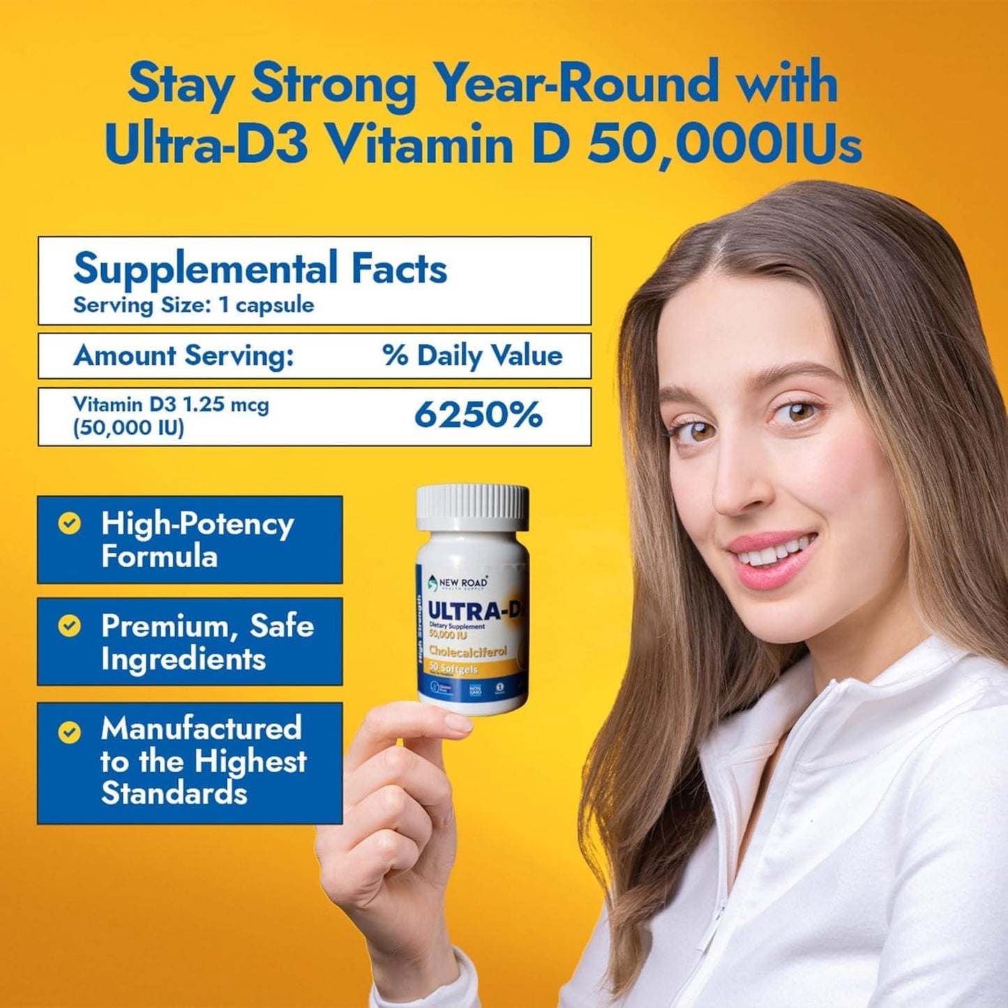 New Road Health Supply Ultra-D3 Softgel Supplement - 50000 IU Vitamin D, Weekly Dose for Bone and Immune Support, Gluten Free - 50 Count - BoostGo Australia